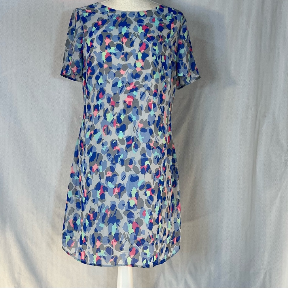 Oliver Bonas Dress Floral Blue & Pink Short Sleeves Shift Lined Feminine EUC 14👍